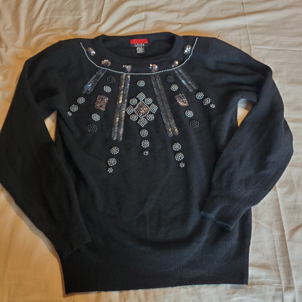 Laura Peterson Black Lambswool Angora Beaded Sequin Evening Sweater Women small